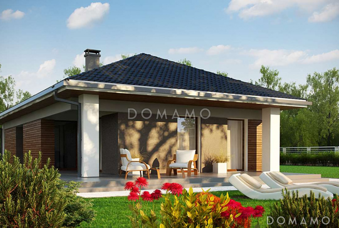 Проект простого комфортного одноэтажного дома из кирпича с тремя спальнями Проект простого комфортного одноэтажного дома из кирпича с тремя спальнями