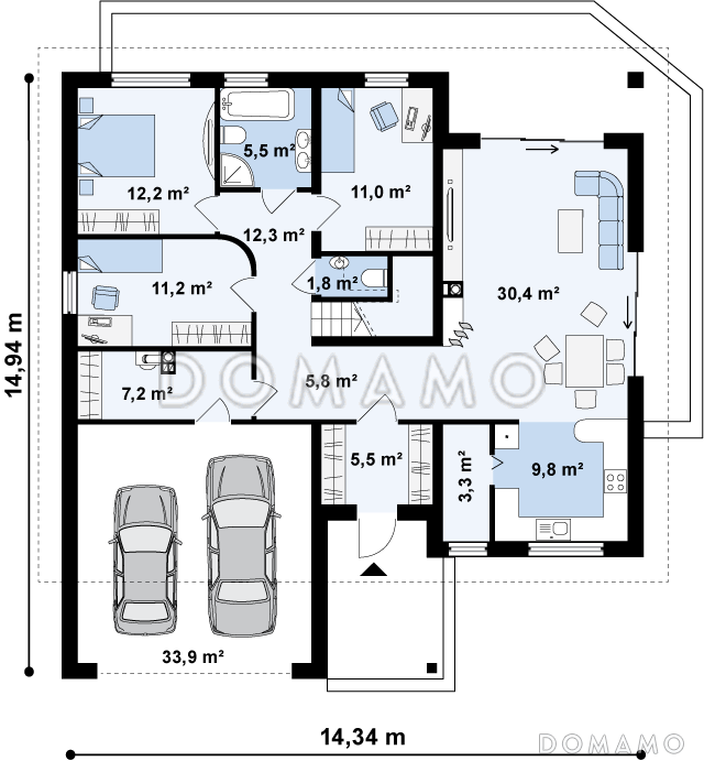 Проект одноэтажного дома из кирпича с антресолью в гостиной, со свободной планировкой мансардного этажа и гаражом / План 1 этажа