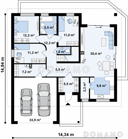 Проект одноэтажного дома из кирпича с антресолью в гостиной, со свободной планировкой мансардного этажа и гаражом / План 1 этажа