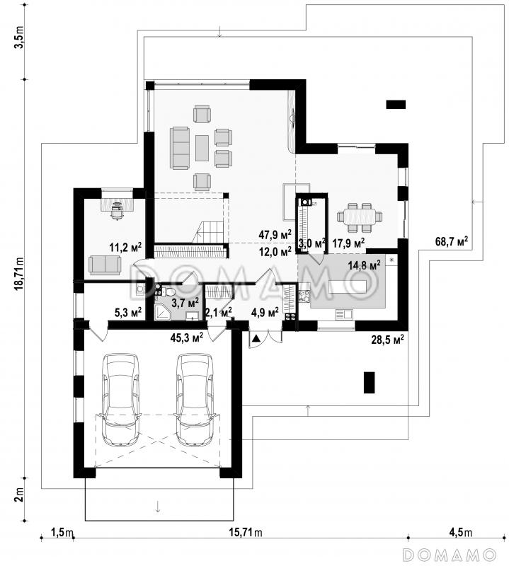 Проект большого современного двухэтажного дома из газобетона с большой площадью остекления, гаражом и просторными террасами на обоих уровнях / План 1 этажа
