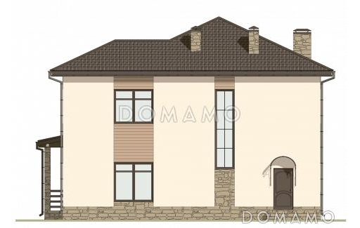 Проект двухэтажного дома с тремя спальнями наверху и одной внизу, крытой террасой и котельной / Фасад 1