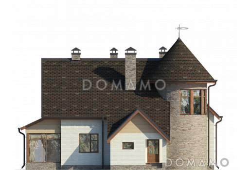 Проект дома с застекленным холлом, полукруглым крыльцом, сауной и четырьмя спальнями на мансарде / Фасад 1