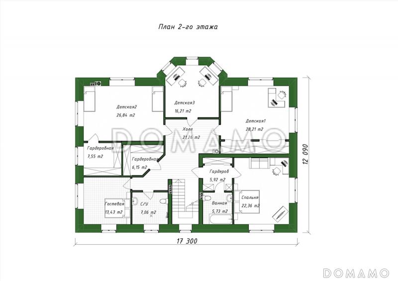 Проект двухэтажного дома из газобетона с эркером в кухне-столовой / План 2 этажа