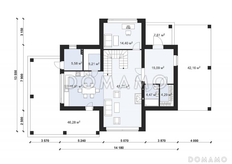Проект двухэтажного дома с облицовкой кирпичом в стиле Райт S-201 / План 1 этажа