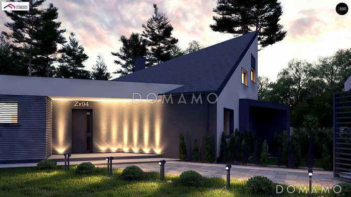 Проект современного одноэтажного дома из газобетона с односкатной крышей, вторым светом и гаражом