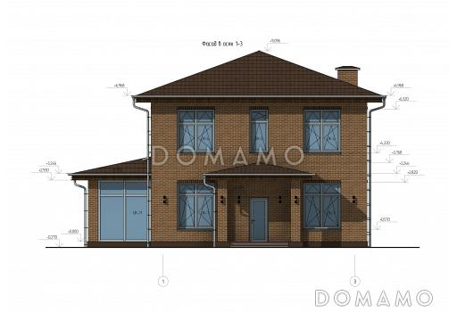 Проект двухэтажного дома с верандой, 4 спальнями, кухней-гостиной и местами для хранения / Фасад 1
