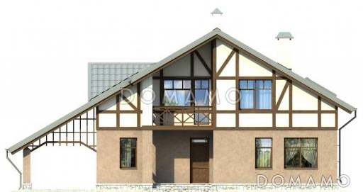 Проект дома из панелей SIP в стиле фахверк с двусветной гостиной и навесом для машины / Фасад 1