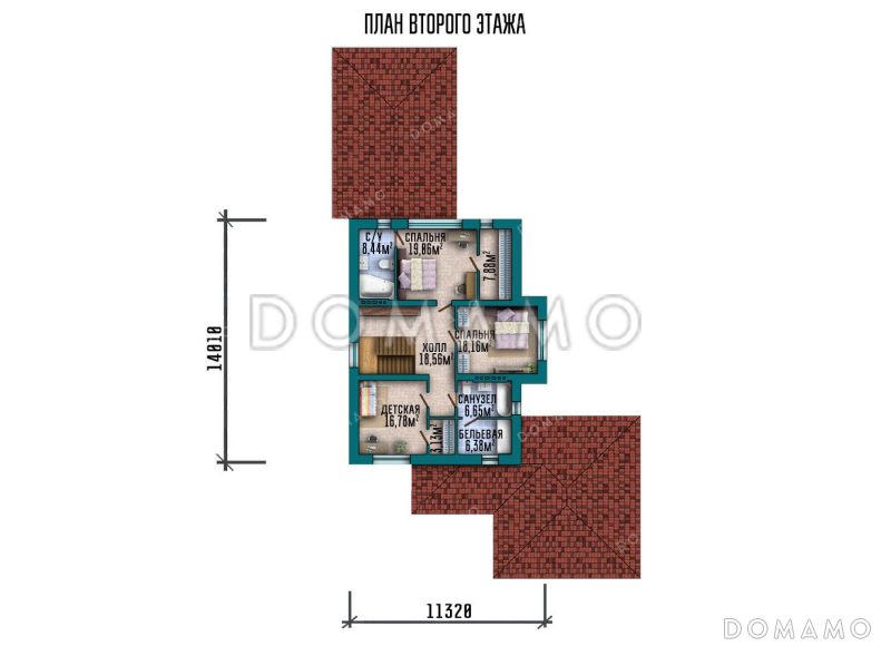 Проект двухэтажного дома с подвалом и навесом для авто / План 2 этажа