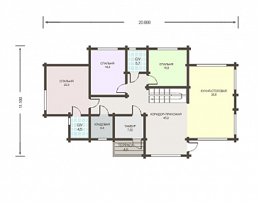 Проект дома из клееного бруса с мансардным окном / План 1 этажа Проект дома из клееного бруса с мансардным окном / План 1 этажа