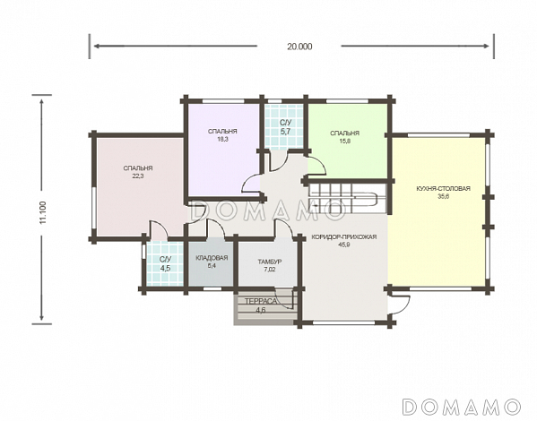 Проект дома из клееного бруса с мансардным окном / План 1 этажа Проект дома из клееного бруса с мансардным окном / План 1 этажа