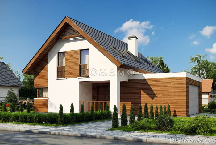 Проект комфортного одноэтажного мансардного дома из газобетона с изолированной кухней, большим гаражом и четырьмя спальнями