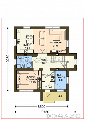 Проект коттеджа с пятью спальнями, коричневой крышей и белыми оштукатуренными стенами / План 1 этажа Проект коттеджа с пятью спальнями, коричневой крышей и белыми оштукатуренными стенами / План 1 этажа