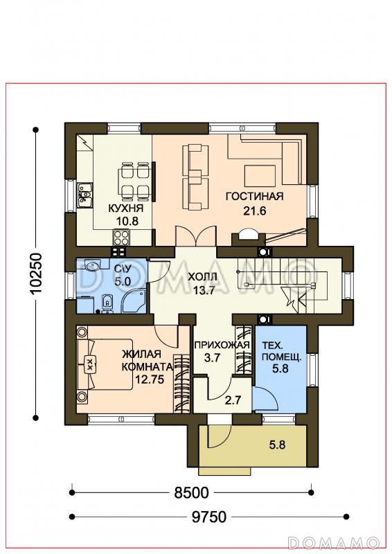 Проект коттеджа с пятью спальнями, коричневой крышей и белыми оштукатуренными стенами / План 1 этажа