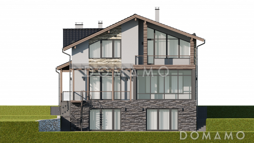 Проект загородного дома в стиле шале с верандой, балконом, сауной, бильярдной / Фасад 1