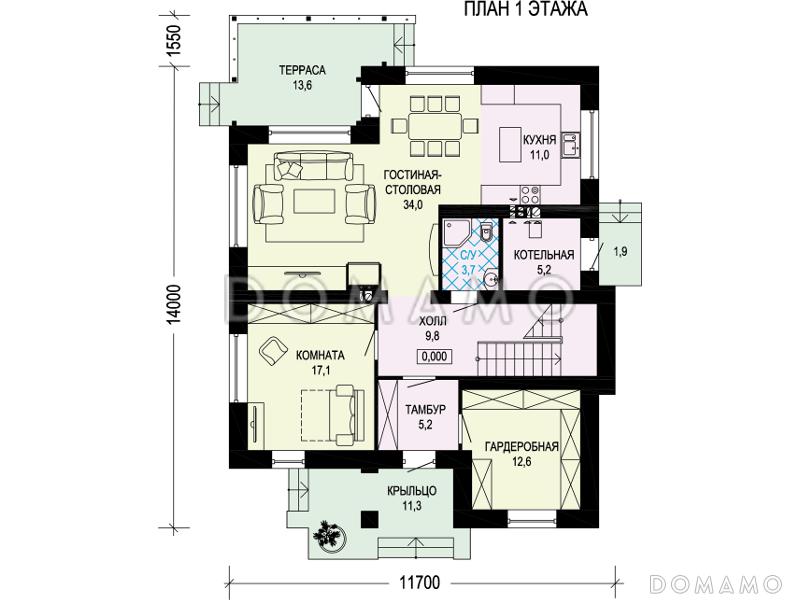 Проект двухэтажного дома с террасой, большой гардеробной, комнатой на первом этаже / План 1 этажа