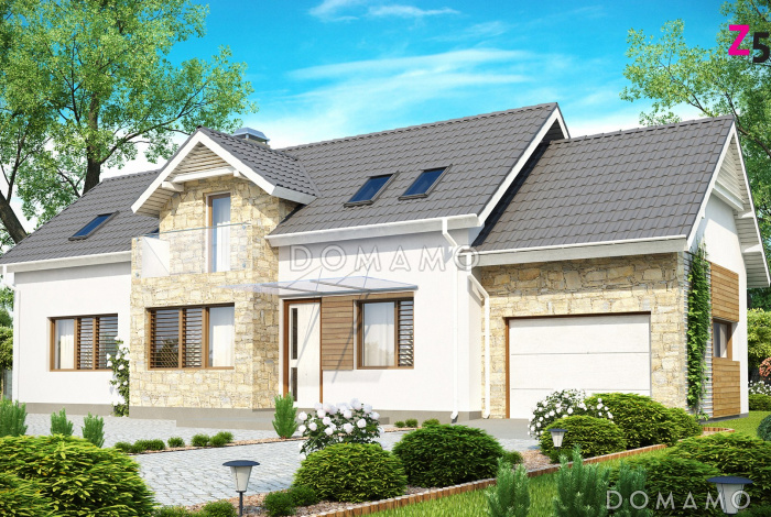 Проект мансардного дома из кирпича с гаражом, прямоугольным эркером и двумя балконами