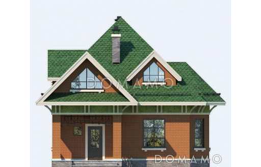 Проект дома из пеноблоков с отделкой из кирпича и зеленой шатровой крышей / Фасад 1
