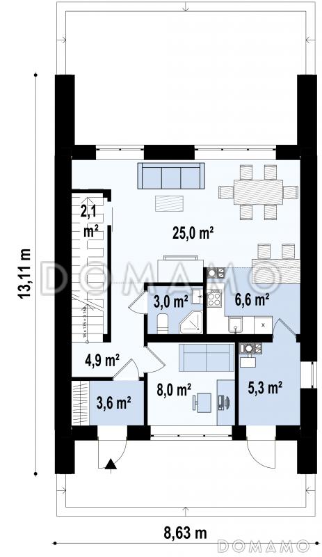 Проект современного двухэтажного дома из газобетона с кабинетом для узкого участка / План 1 этажа