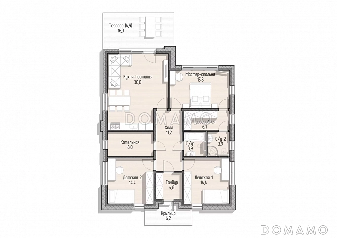 Дом за 100 дней , 3 спальни  / План 1 этажа Дом за 100 дней , 3 спальни  / План 1 этажа