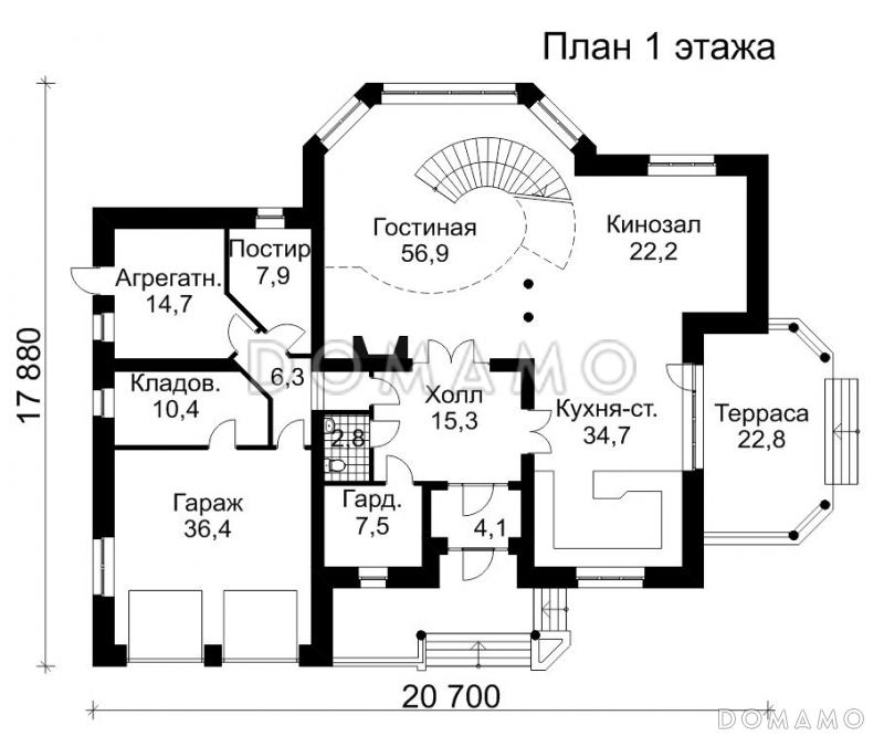 Проект дома из кирпича с кинозалом / План 1 этажа