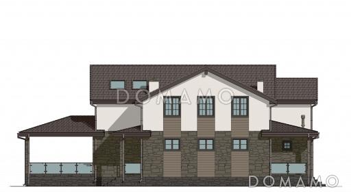 Проект коттеджа с мансардой, двусветной гостиной, сауной и верандой / Фасад 1