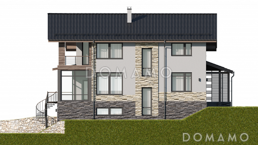 Проект загородного дома в стиле шале с верандой, балконом, сауной, бильярдной / Фасад 2