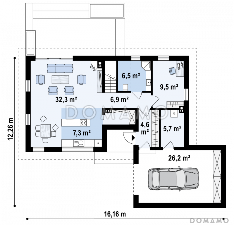 Проект одноэтажного мансардного дома из кирпича с кабинетом, балконом и гаражом / План 1 этажа