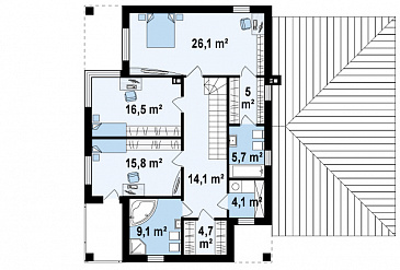 Проект просторного двухэтажного дома из кирпича с дополнительной спальней на первом этаже, гаражом и сауной / План 2 этажа