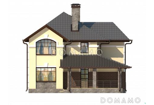 Проект дома с большой крытой террасой, просторной прихожей, ванной с окном на втором этаже / Фасад 2