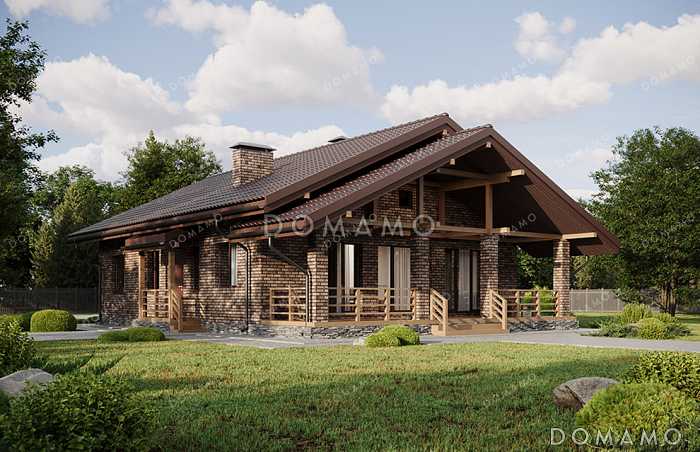 Проект выразительного одноэтажного дома с двухскатной крышей в разных уровнях, большой террасой и вторым светом Проект выразительного одноэтажного дома с двухскатной крышей в разных уровнях, большой террасой и вторым светом