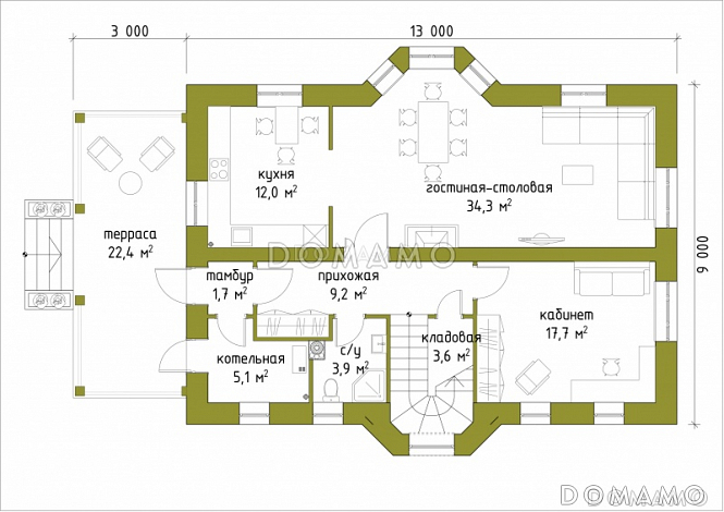 Проект коттеджа с большой террасой и французскими окнами / План 1 этажа Проект коттеджа с большой террасой и французскими окнами / План 1 этажа