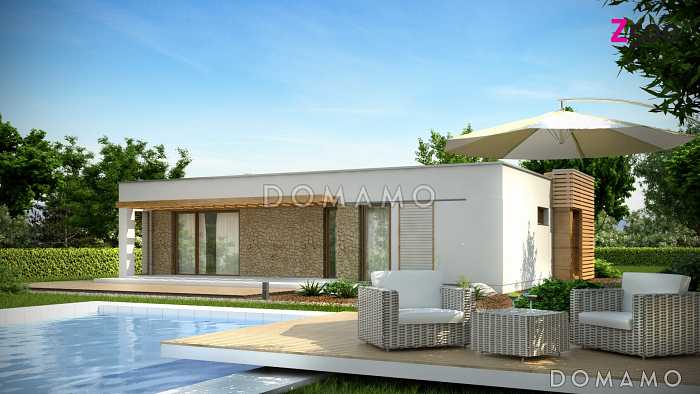 Проект одноэтажного дома из кирпича с плоской крышей с тремя спальнями