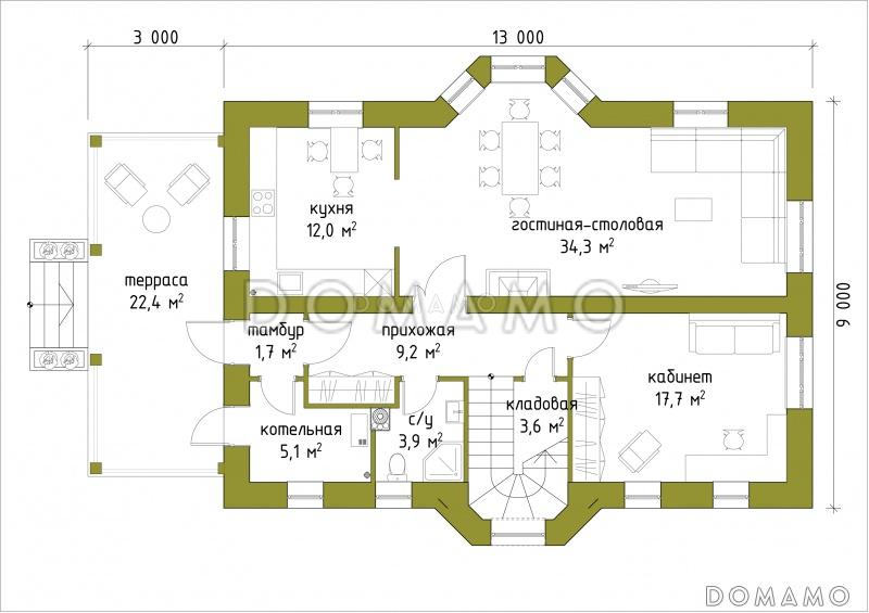 Проект коттеджа с большой террасой и французскими окнами / План 1 этажа