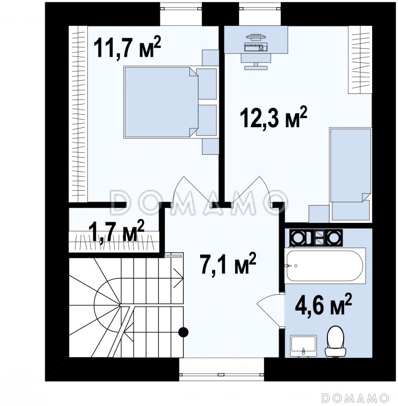 Проект небольшого мансардного дома из кирпича с панорамным остеклением дневной зоны / План мансардного этажа