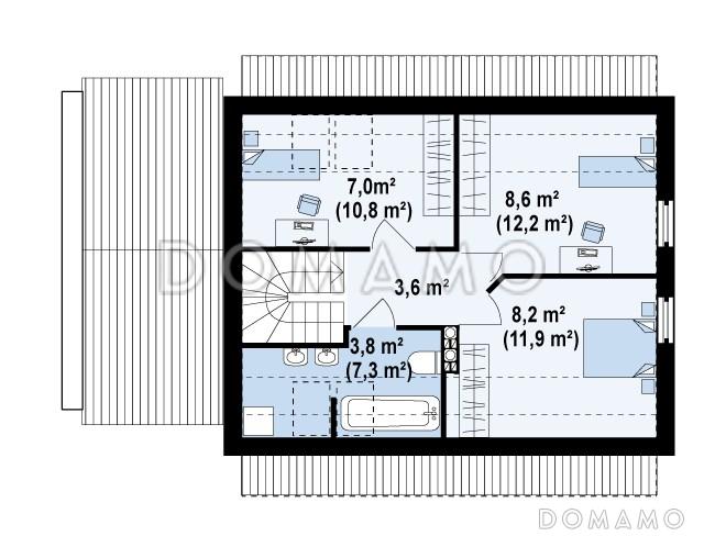 Проект одноэтажного дома из кирпича с мансардным этажом, светлой гостиной и гаражом для автомобиля / План мансардного этажа
