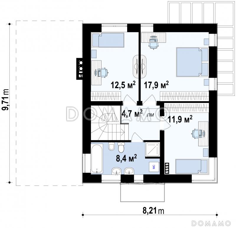 Проект современного двухэтажного дома из газобетона с тремя спальнями и пристроенным гаражом / План 2 этажа
