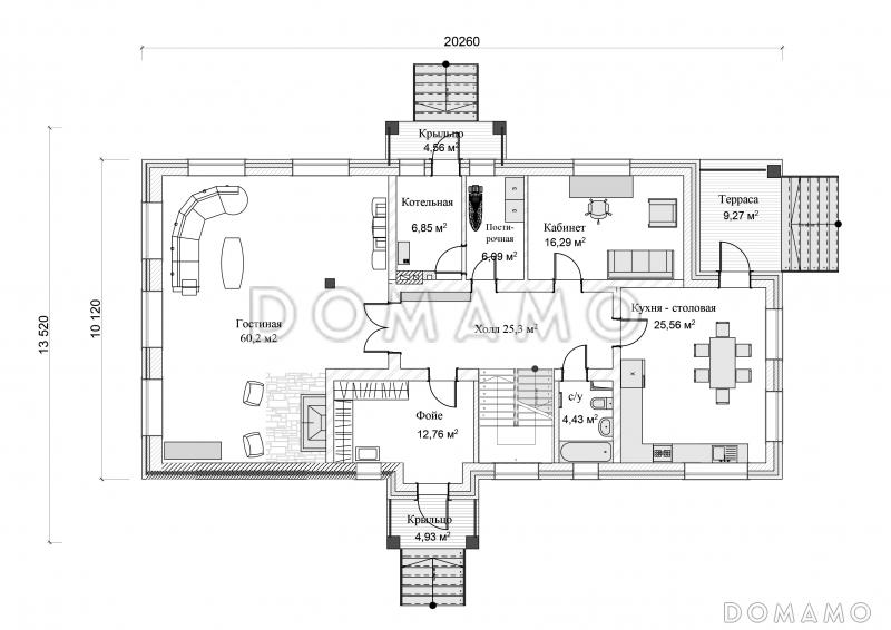 Проект коттеджа с большой гостиной / План 1