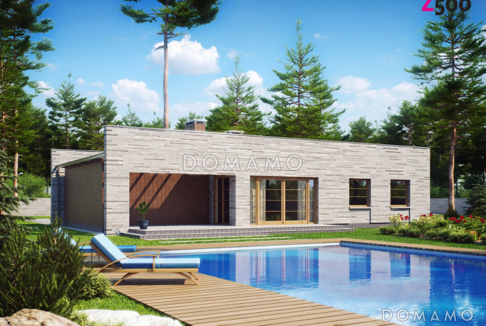 Проект современного одноэтажного дома из кирпича с плоской крышей, тремя спальнями и гаражом