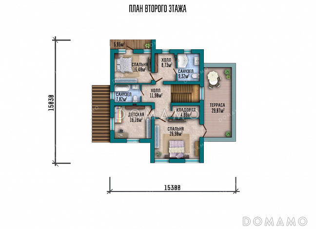 Проект двухэтажного дома с тремя спальнями и террасой / План 2 этажа