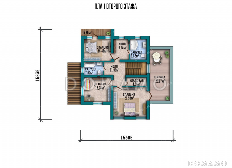 Проект двухэтажного дома с тремя спальнями и террасой / План 2 этажа