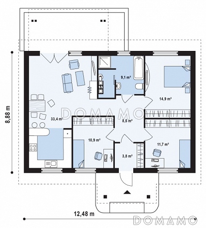 Проект одноэтажного дома из кирпича с тремя спальнями и террасой / План 1 этажа Проект одноэтажного дома из кирпича с тремя спальнями и террасой / План 1 этажа