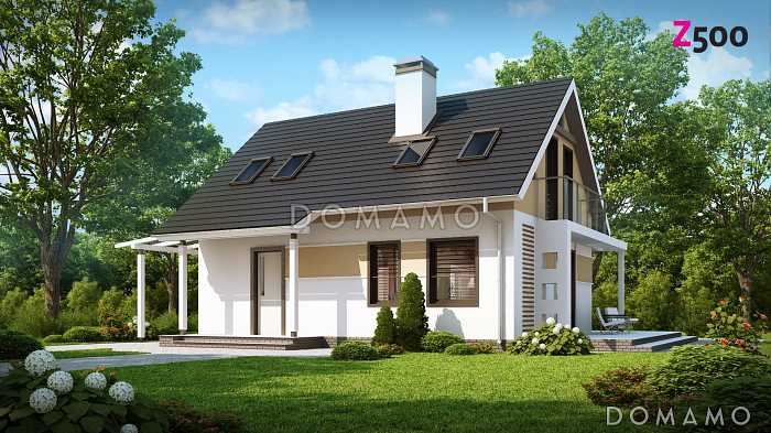 Проект одноэтажного мансардного дома из кирпича с балконом и навесом для автомобиля Проект одноэтажного мансардного дома из кирпича с балконом и навесом для автомобиля