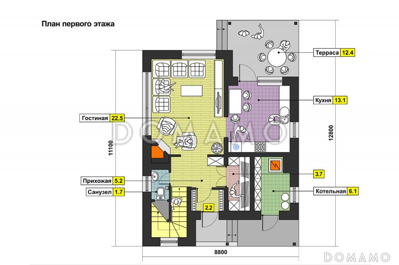 Загородный дом из СИП панелей с односкатной крышей, круглым окном, крытой террасой и вторым светом / План 1 этажа