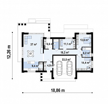 Проект одноэтажного дома с гаражом на две машины, кухней по одной стене с кладовой, кабинетом / План 1 этажа Проект одноэтажного дома с гаражом на две машины, кухней по одной стене с кладовой, кабинетом / План 1 этажа