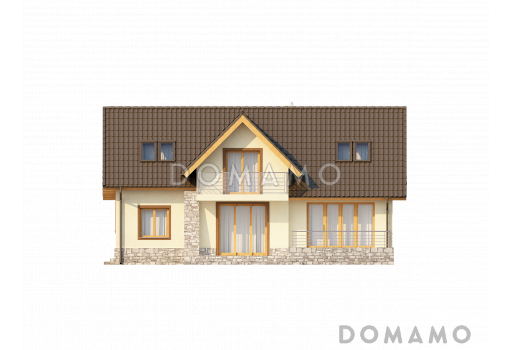 Проект просторного одноэтажного мансардного дома из газобетона с кабинетом, четырьмя спальнями и гаражом на два автомобиля  / Фасад 2