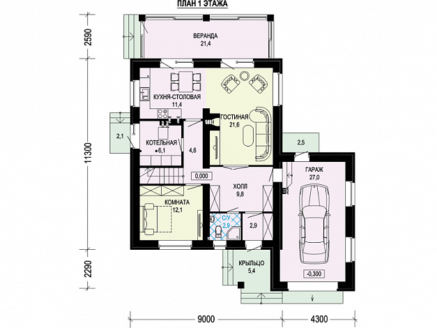Проект дома с верандой, гаражом, хозяйской спальней / План 1 этажа