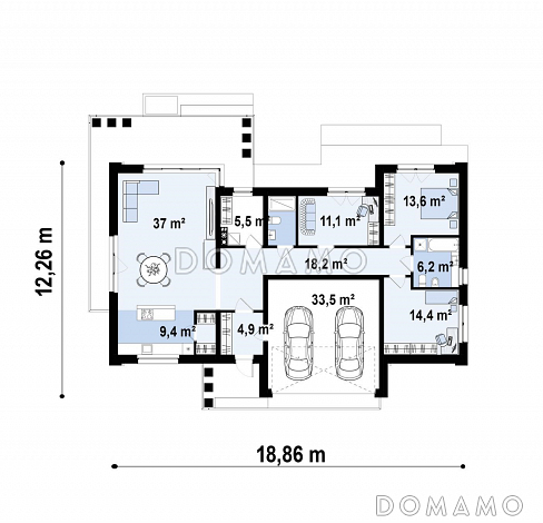 Проект одноэтажного дома с гаражом на две машины, кухней по одной стене с кладовой, кабинетом / План 1 этажа Проект одноэтажного дома с гаражом на две машины, кухней по одной стене с кладовой, кабинетом / План 1 этажа