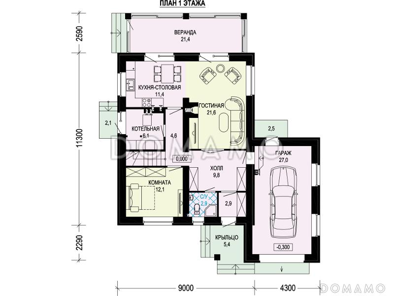 Проект дома с верандой, гаражом, хозяйской спальней / План 1 этажа