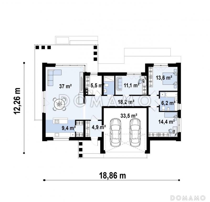 Проект одноэтажного дома с гаражом на две машины, кухней по одной стене с кладовой, кабинетом / План 1 этажа