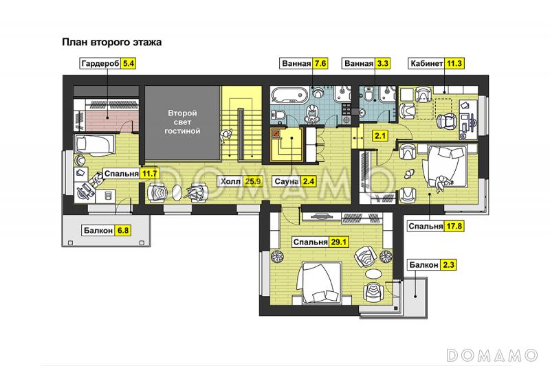 Проект дома с гаражом на две машины, террасой, вторым светом, сауной, двумя балконами / План мансардного этажа